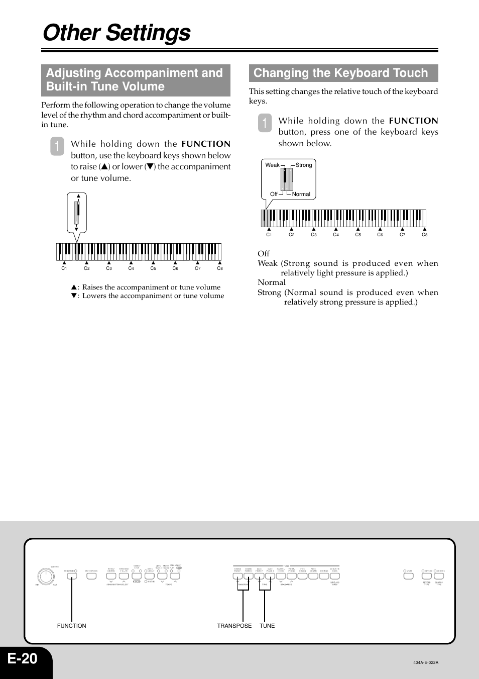 Other settings, E-20, Adjusting accompaniment and built-in tune volume | Changing the keyboard touch | Casio PX110 User Manual | Page 22 / 32