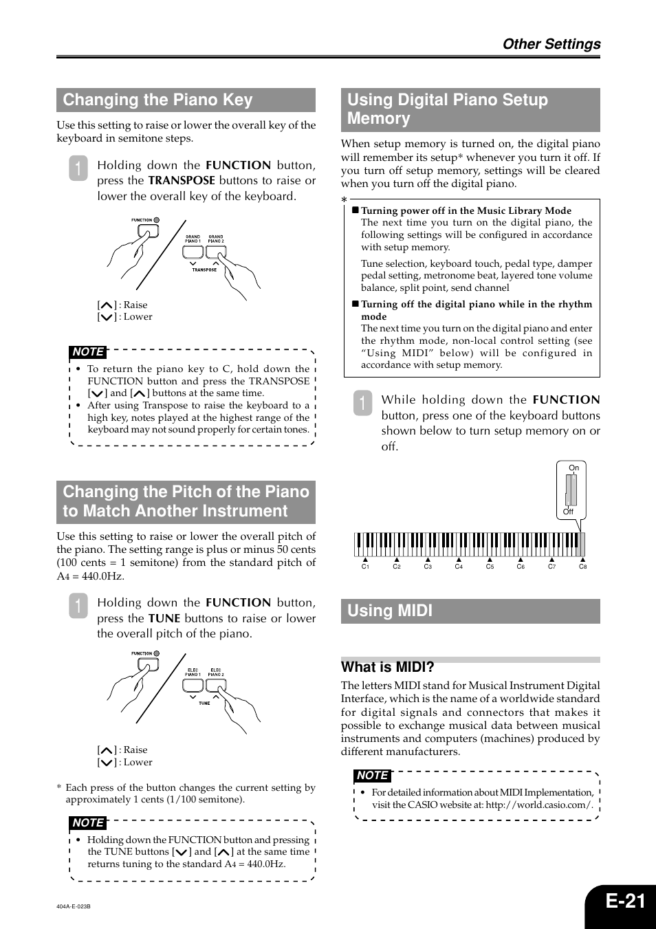 E-21, Changing the piano key, Using midi | Other settings, What is midi | Casio PX110 User Manual | Page 23 / 32