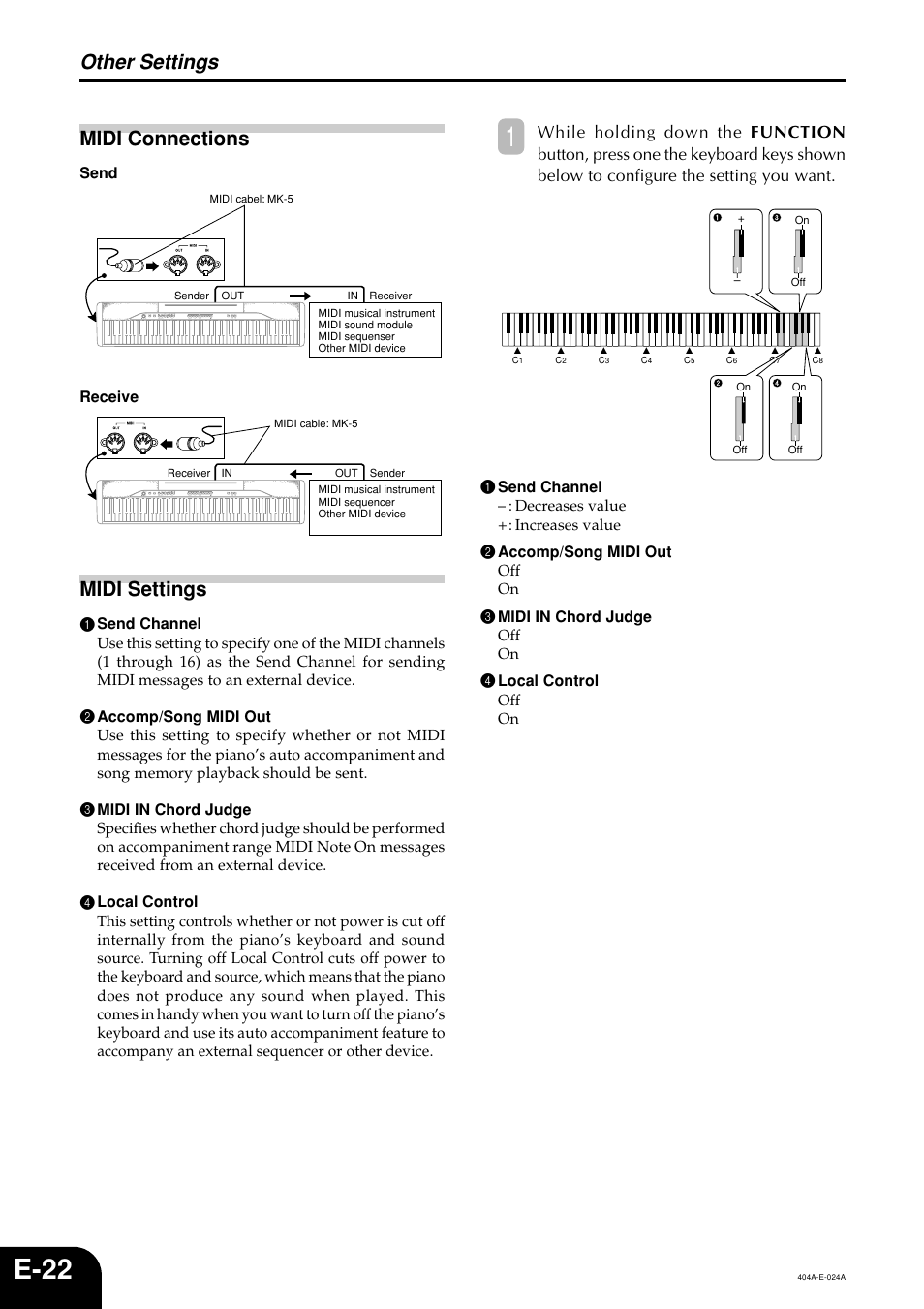 E-22, Other settings, Midi connections | Midi settings, Send receive | Casio PX110 User Manual | Page 24 / 32