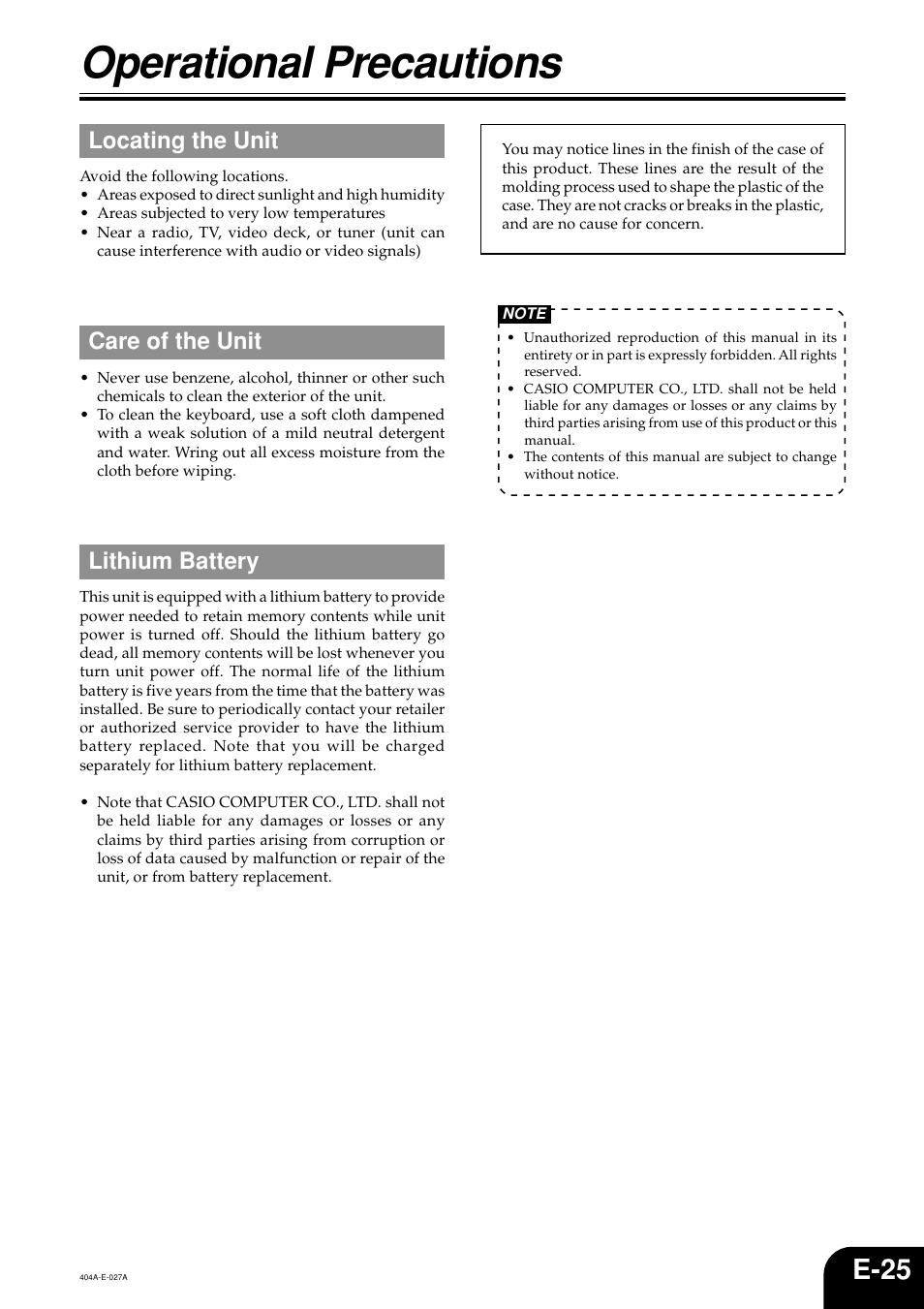 Operational precautions, E-25, Locating the unit | Care of the unit, Lithium battery | Casio PX110 User Manual | Page 27 / 32