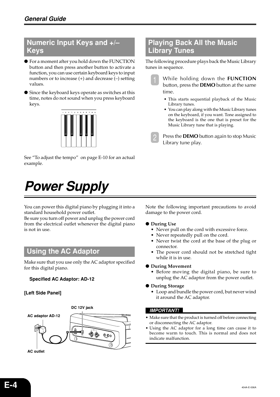 Power supply, Numeric input keys and +/– keys, Playing back all the music library tunes | Using the ac adaptor, General guide | Casio PX110 User Manual | Page 6 / 32
