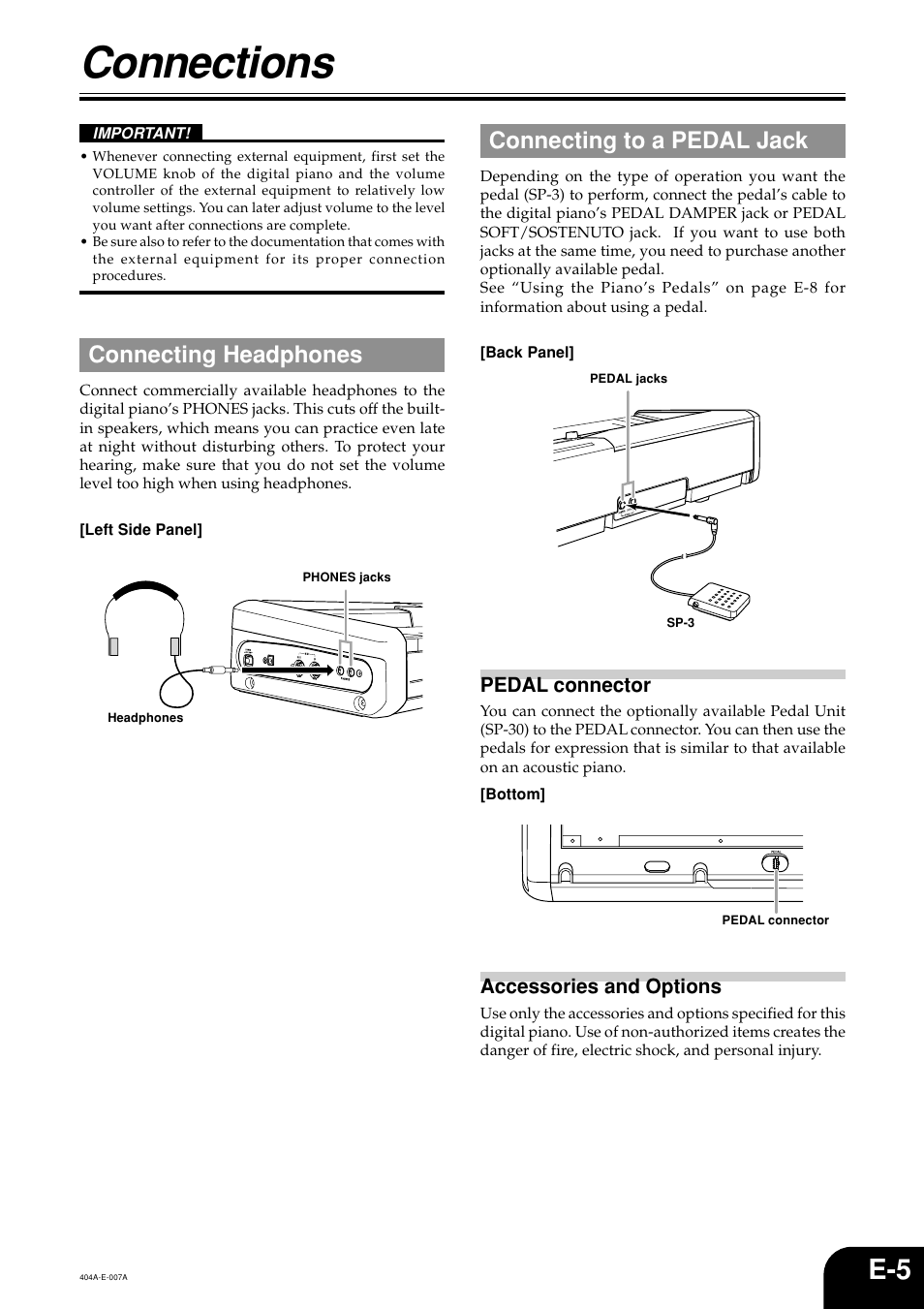 Connections, Connecting headphones, Connecting to a pedal jack | Casio PX110 User Manual | Page 7 / 32