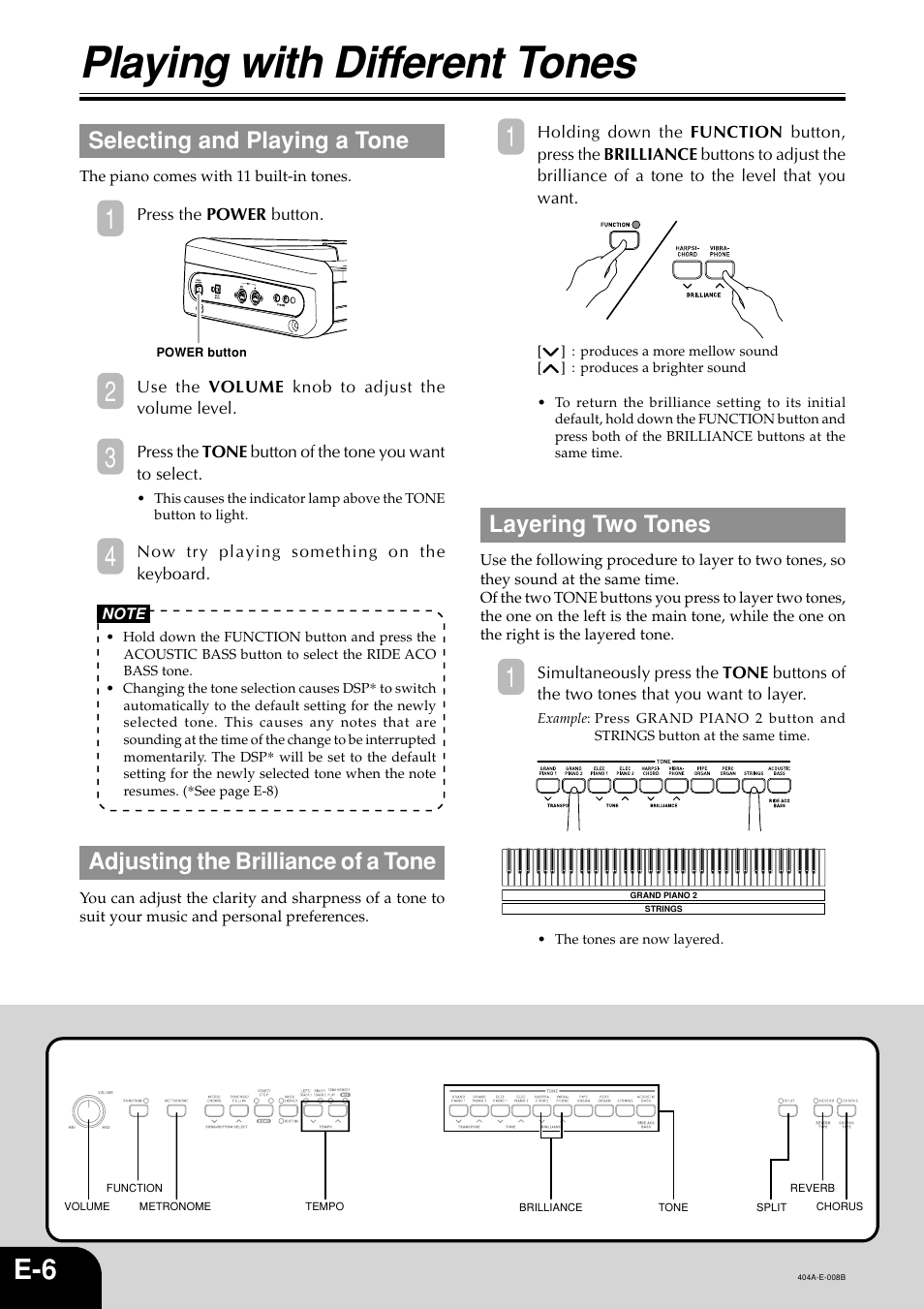 Playing with different tones, Selecting and playing a tone, Adjusting the brilliance of a tone | Layering two tones | Casio PX110 User Manual | Page 8 / 32