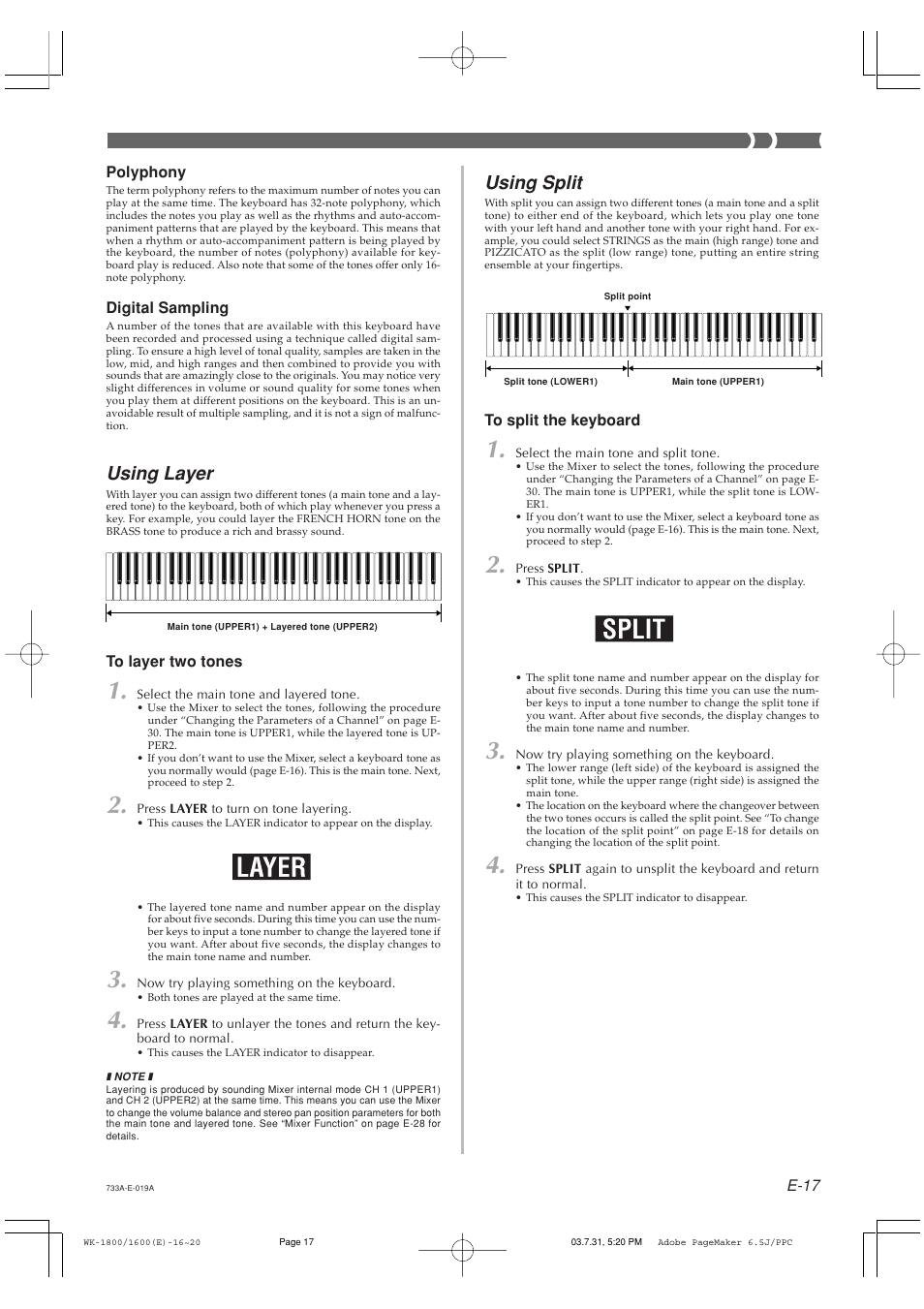 Using layer, Using split | Casio WK1800 User Manual | Page 19 / 96