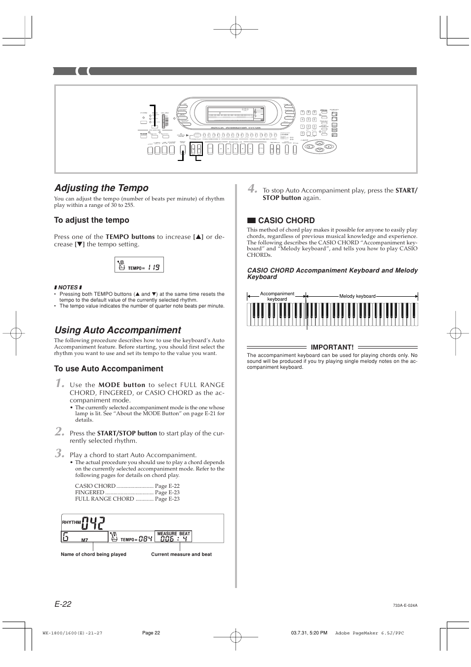 Adjusting the tempo, Using auto accompaniment, E-22 | Casio chord | Casio WK1800 User Manual | Page 24 / 96