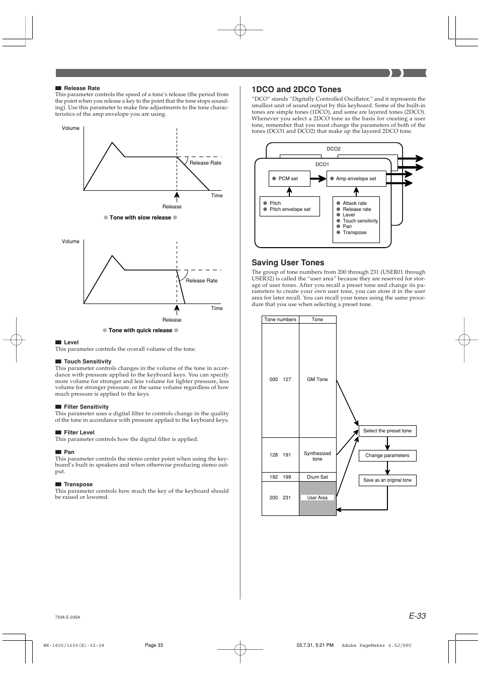 E-33, 1dco and 2dco tones, Saving user tones | Casio WK1800 User Manual | Page 35 / 96