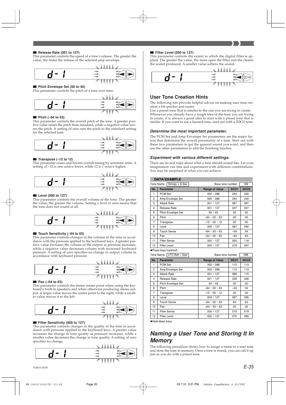 E-35, User tone creation hints, Determine the most important parameter | Experiment with various different settings | Casio WK1800 User Manual | Page 37 / 96