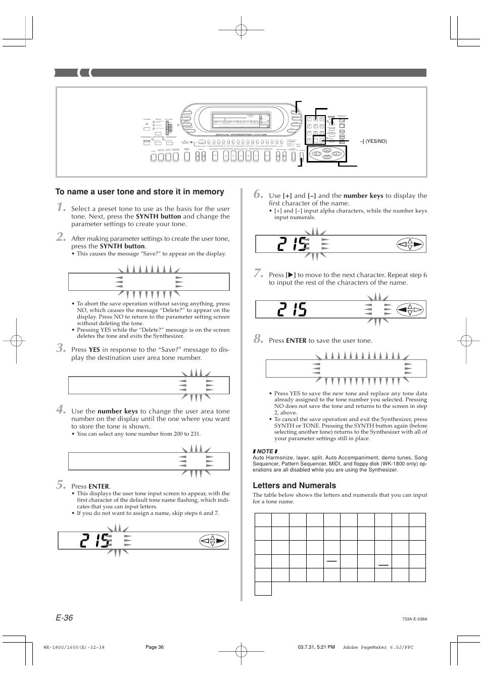 E-36, Letters and numerals | Casio WK1800 User Manual | Page 38 / 96