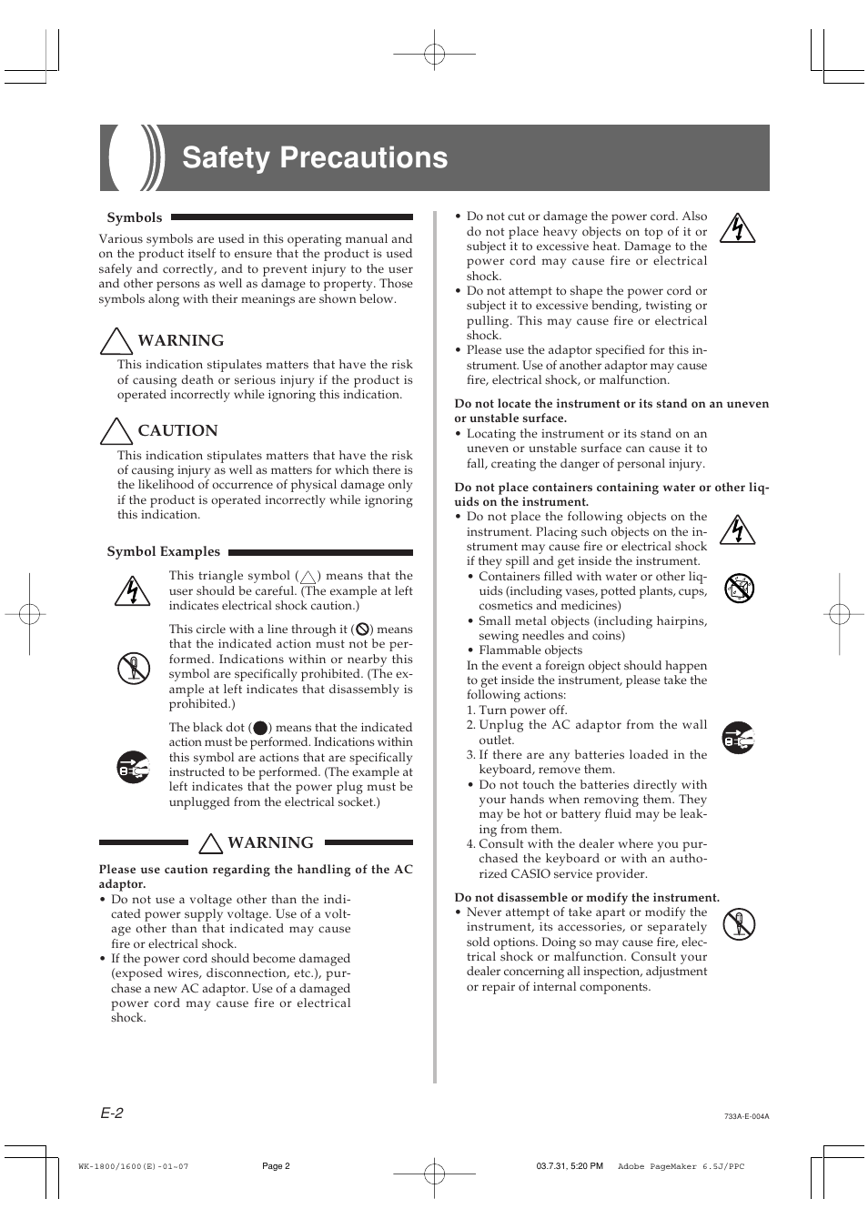 Safety precautions, Warning, Caution | Casio WK1800 User Manual | Page 4 / 96