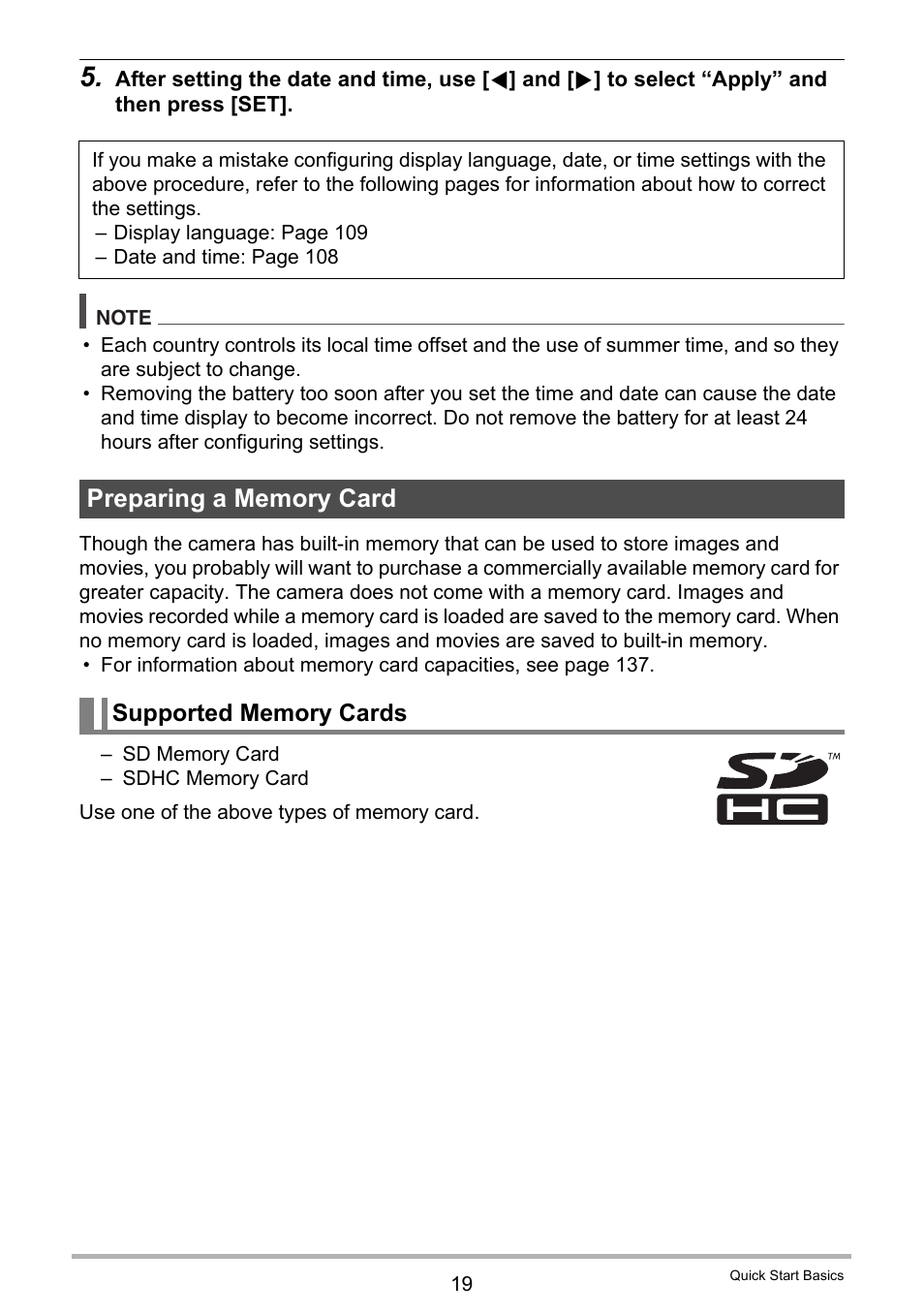 Preparing a memory card, Supported memory cards | Casio EX-S8 User Manual | Page 19 / 143