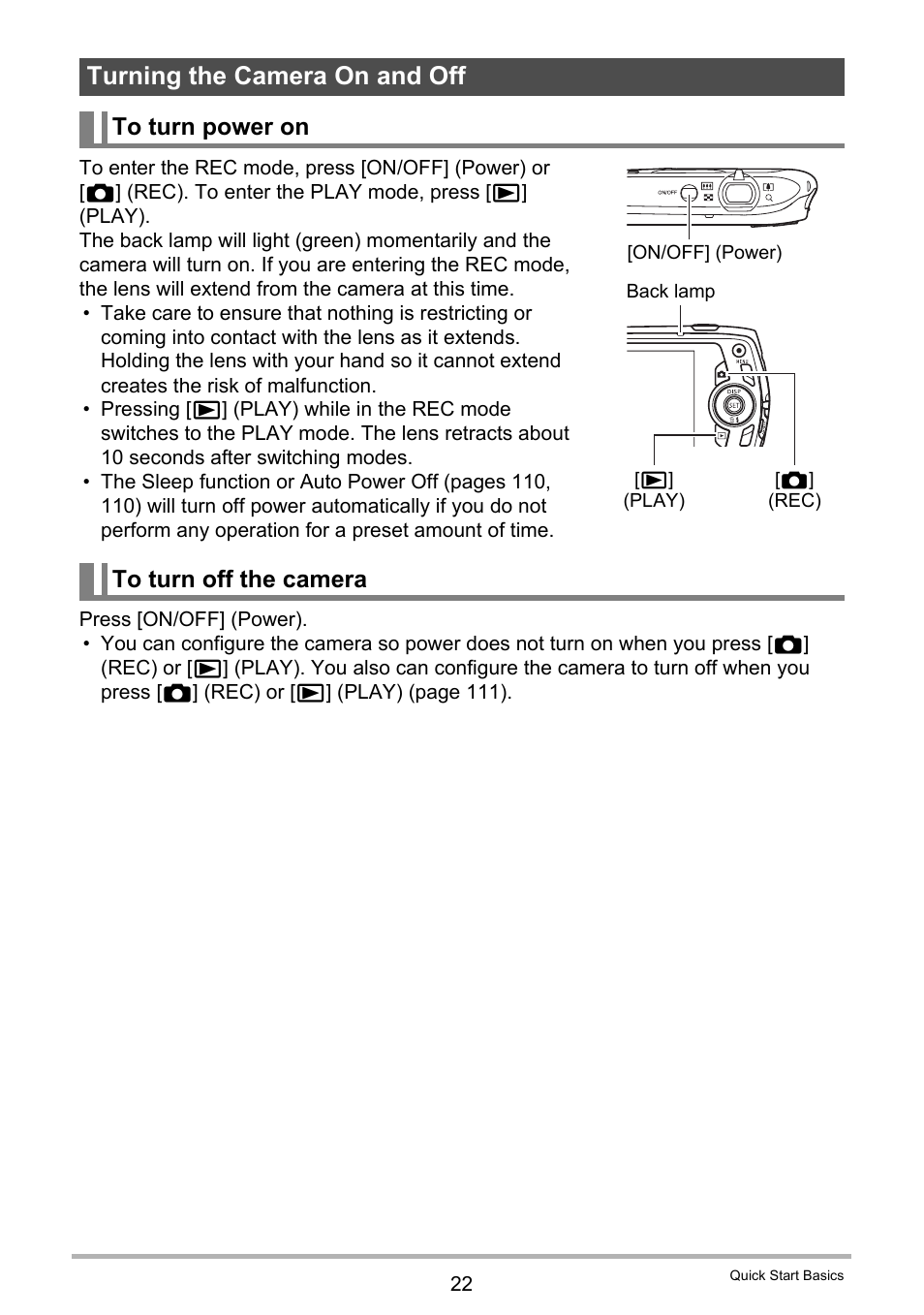 Turning the camera on and off, To turn power on, To turn off the camera | Casio EX-S8 User Manual | Page 22 / 143