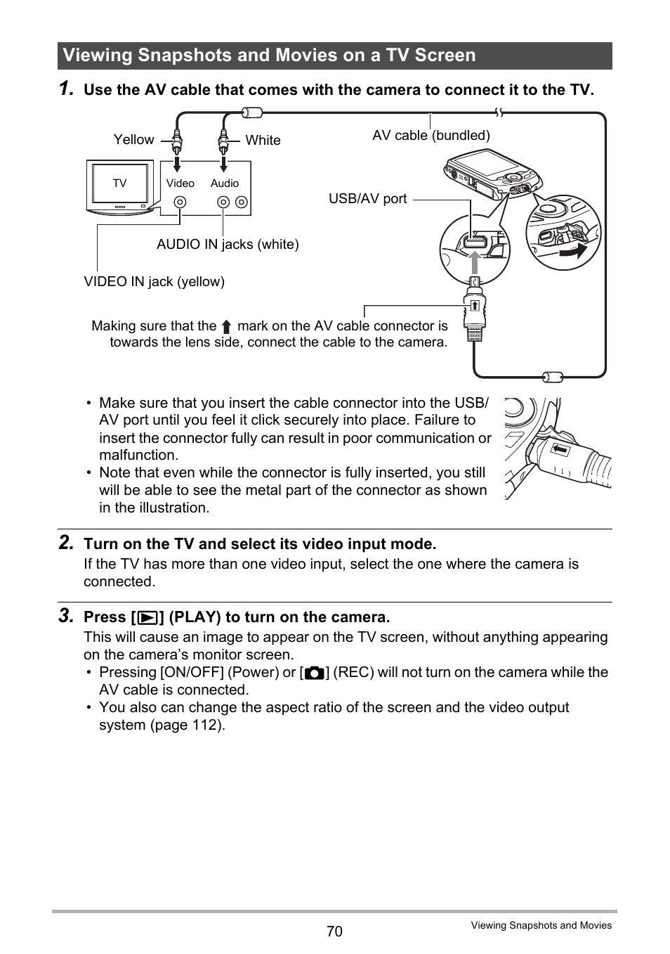 Viewing snapshots and movies on a tv screen | Casio EX-S8 User Manual | Page 70 / 143