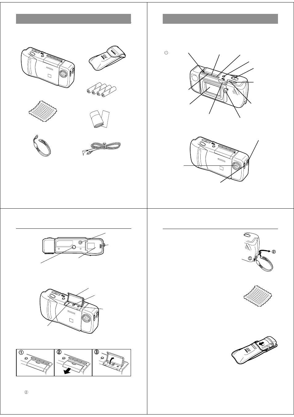 Unpacking, General guide, Top and display | Lens, Bottom, Terminals, De l on /o ff mo de dis p po we r, Opening the terminal panel cover, Connecting the wrist strap, Using the cleaning cloth | Casio QV-120 User Manual | Page 3 / 17