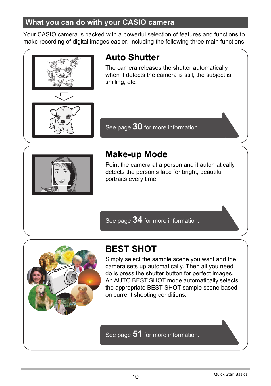What you can do with your casio camera, Best shot, Make-up mode | Auto shutter | Casio EXILIM K1124PCM2DMX User Manual | Page 10 / 169