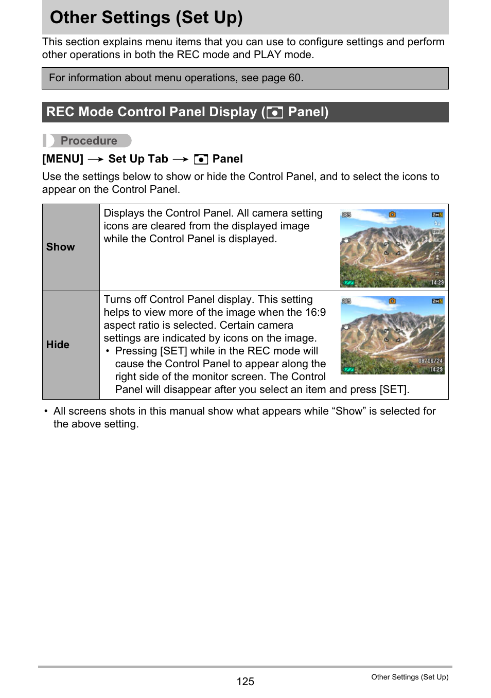 Other settings (set up), Rec mode control panel display (_ panel), Other settings | Set up) 125, Rec mode control panel display ( r panel) | Casio EXILIM K1124PCM2DMX User Manual | Page 125 / 169