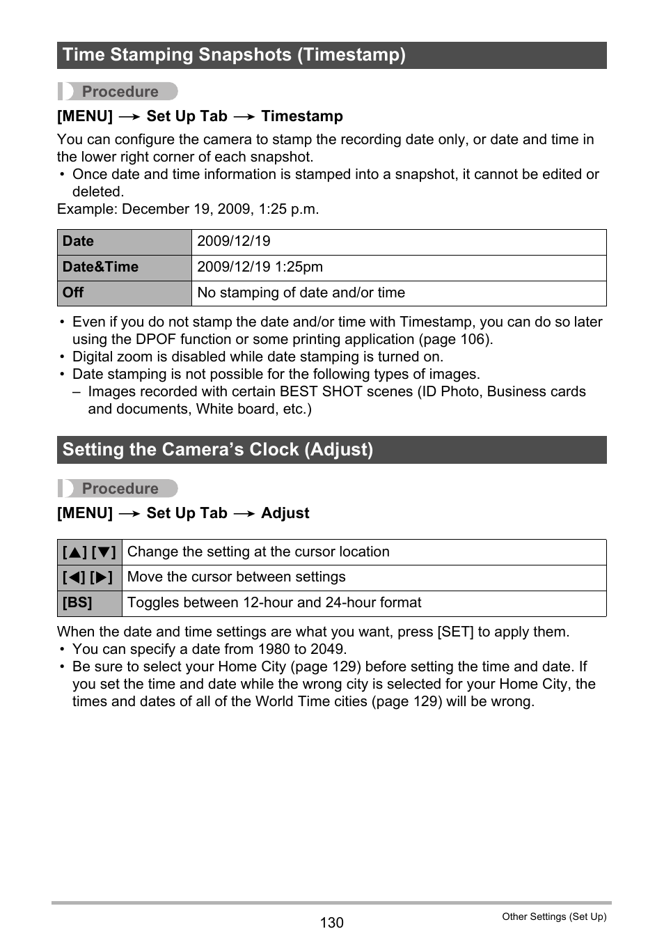 Time stamping snapshots (timestamp), Setting the camera’s clock (adjust) | Casio EXILIM K1124PCM2DMX User Manual | Page 130 / 169