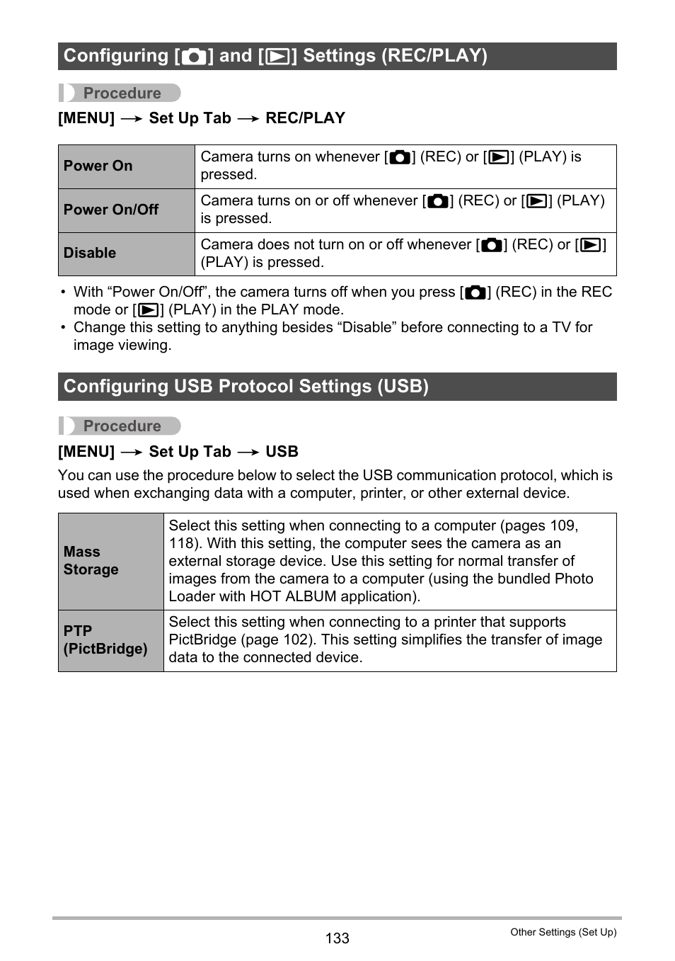 Configuring [_] and [>] settings (rec/play), Configuring usb protocol settings (usb), Configuring [ r ] and [ p ] settings (rec/play) | Casio EXILIM K1124PCM2DMX User Manual | Page 133 / 169