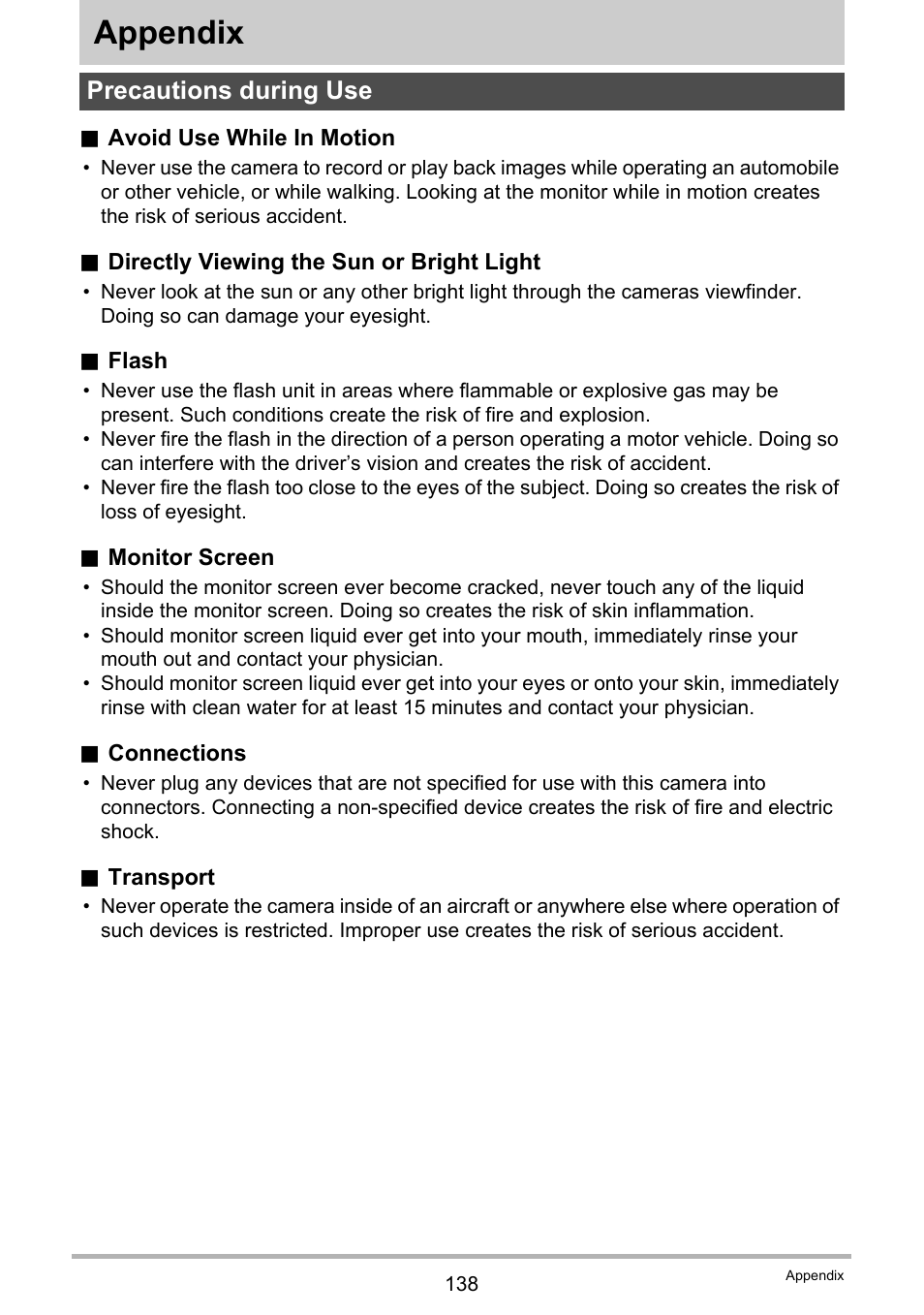 Appendix, Precautions during use | Casio EXILIM K1124PCM2DMX User Manual | Page 138 / 169
