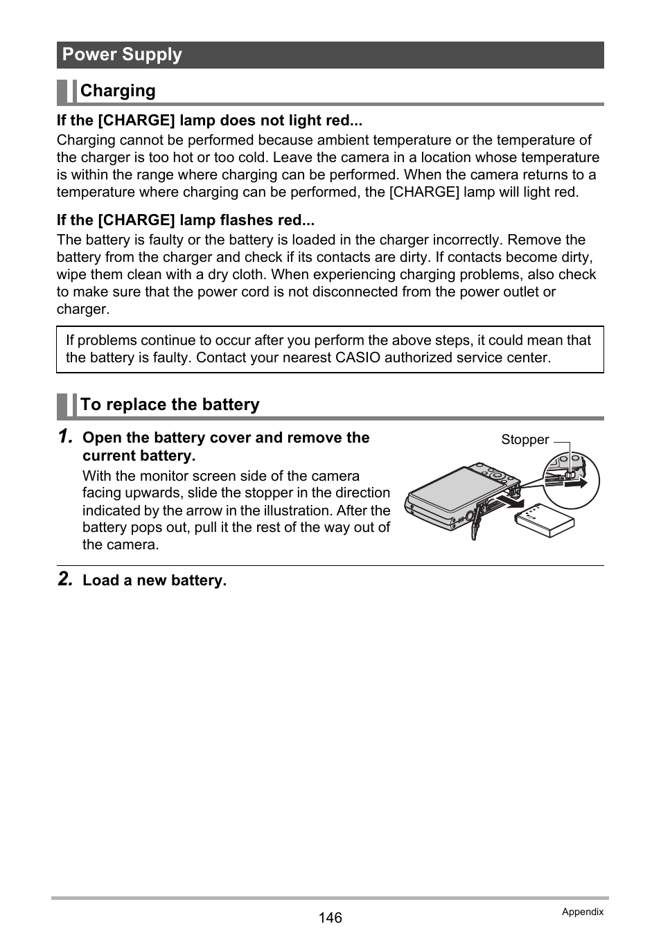 Power supply, Charging, To replace the battery | Casio EXILIM K1124PCM2DMX User Manual | Page 146 / 169