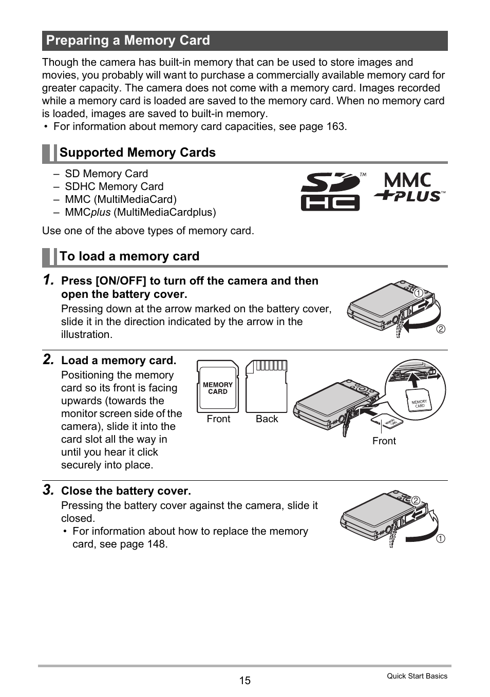 Preparing a memory card, Supported memory cards, To load a memory card | Casio EXILIM K1124PCM2DMX User Manual | Page 15 / 169