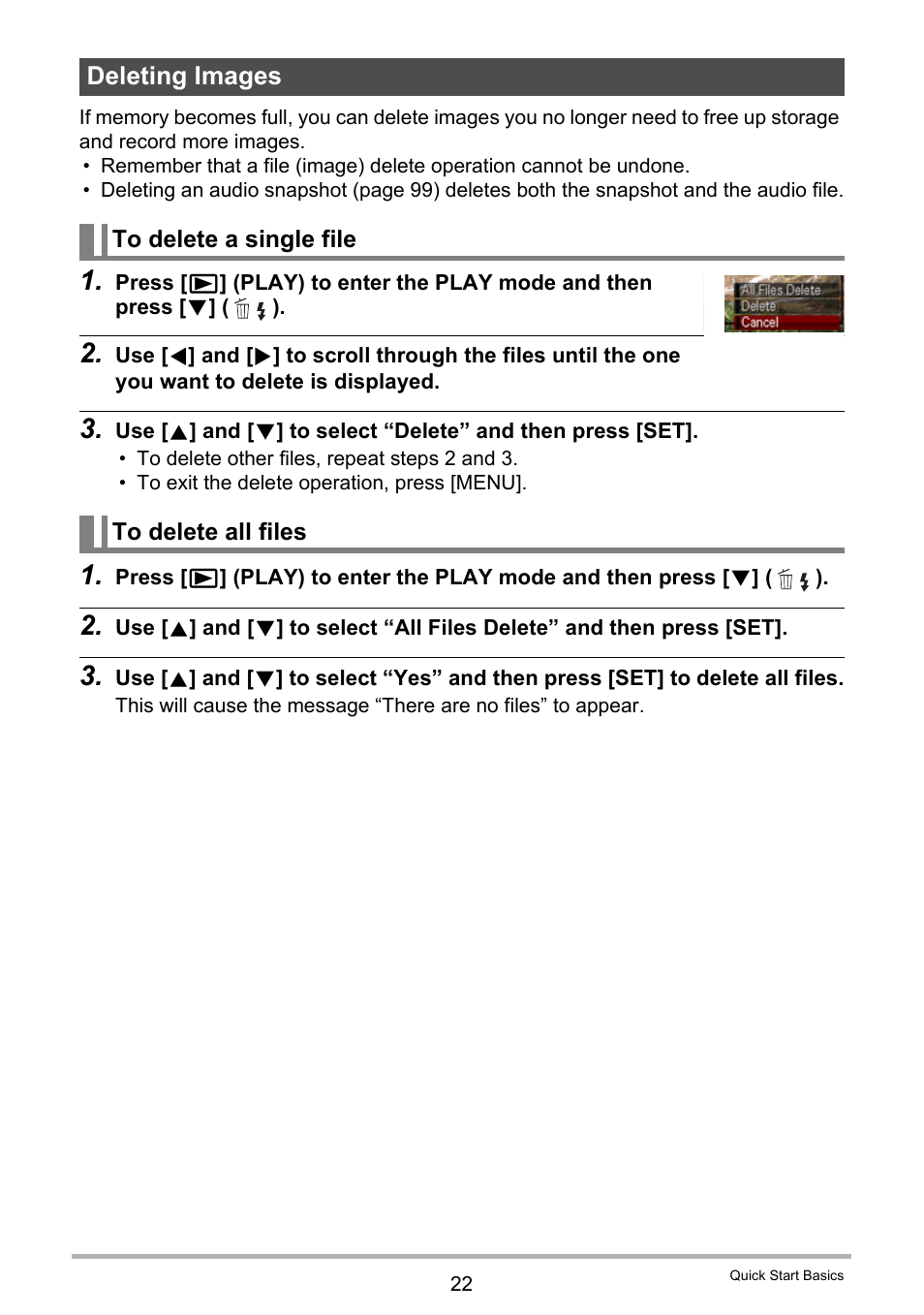 Deleting images, To delete a single file, To delete all files | Casio EXILIM K1124PCM2DMX User Manual | Page 22 / 169