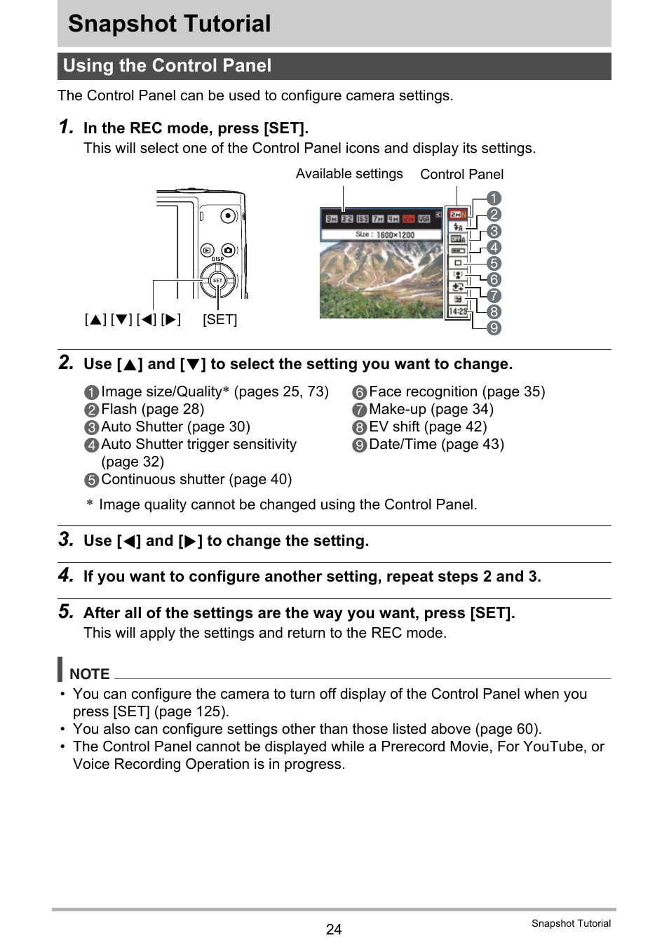 Snapshot tutorial, Using the control panel | Casio EXILIM K1124PCM2DMX User Manual | Page 24 / 169