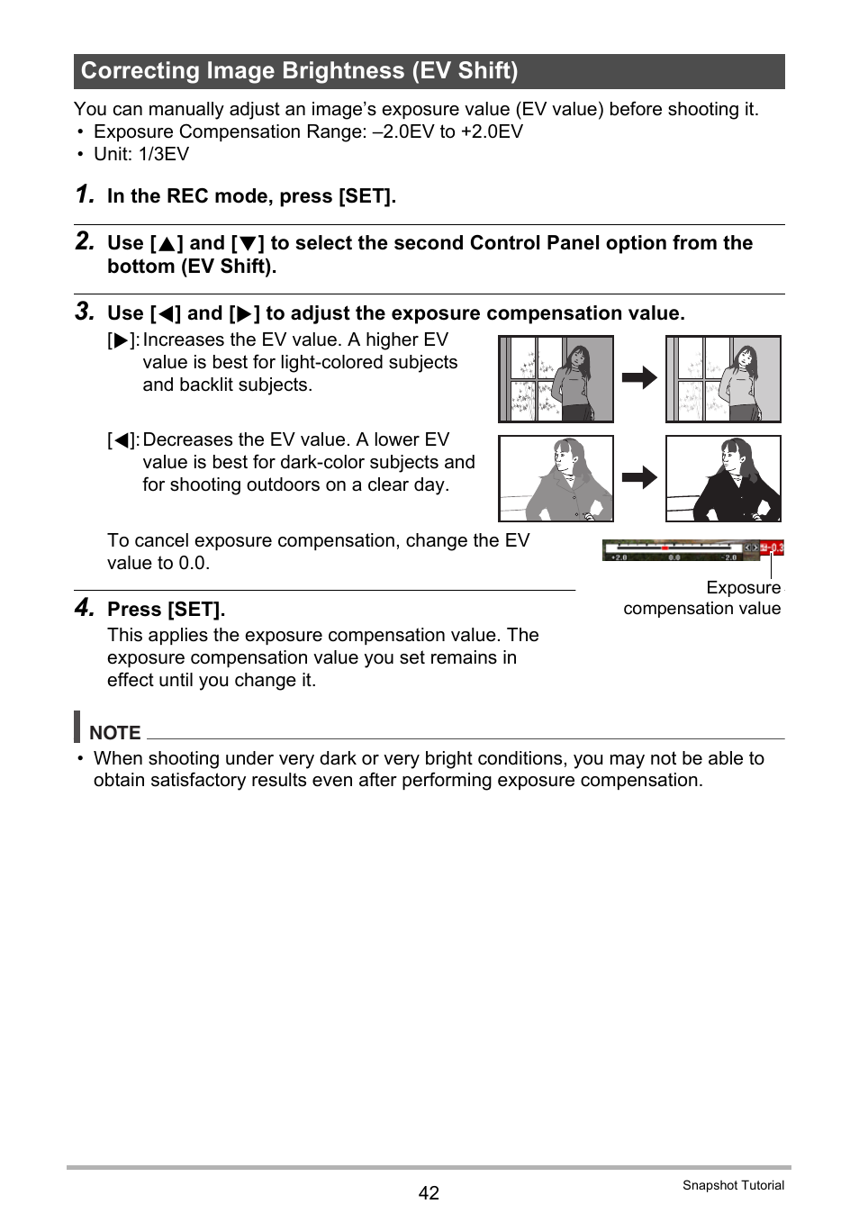 Correcting image brightness (ev shift) | Casio EXILIM K1124PCM2DMX User Manual | Page 42 / 169