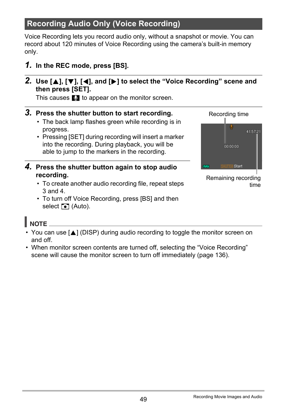 Recording audio only (voice recording) | Casio EXILIM K1124PCM2DMX User Manual | Page 49 / 169