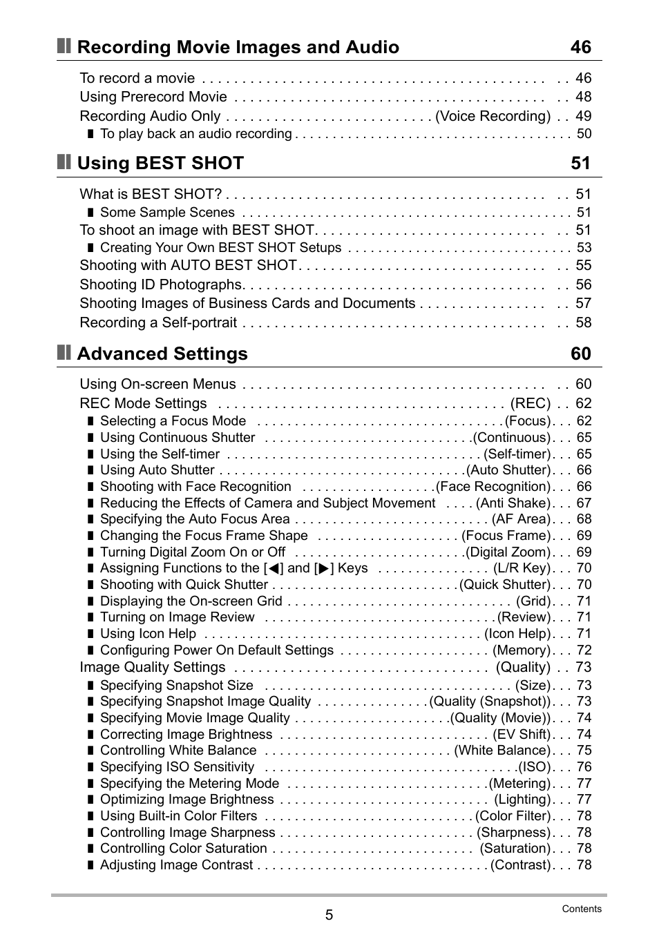 Recording movie images and audio 46, Using best shot 51, Advanced settings 60 | Casio EXILIM K1124PCM2DMX User Manual | Page 5 / 169