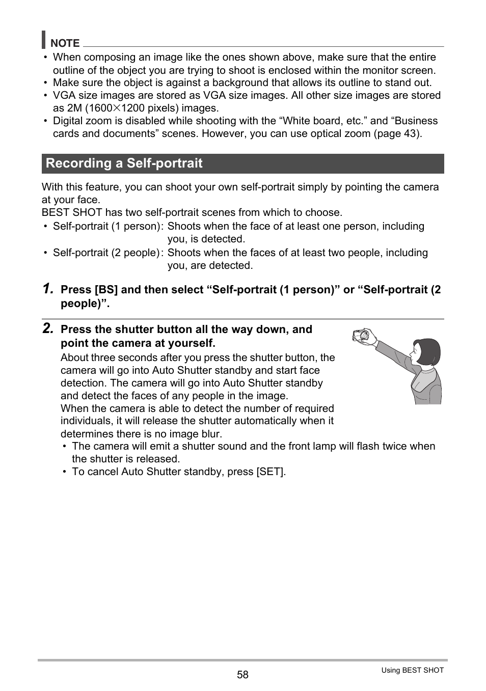 Recording a self-portrait | Casio EXILIM K1124PCM2DMX User Manual | Page 58 / 169