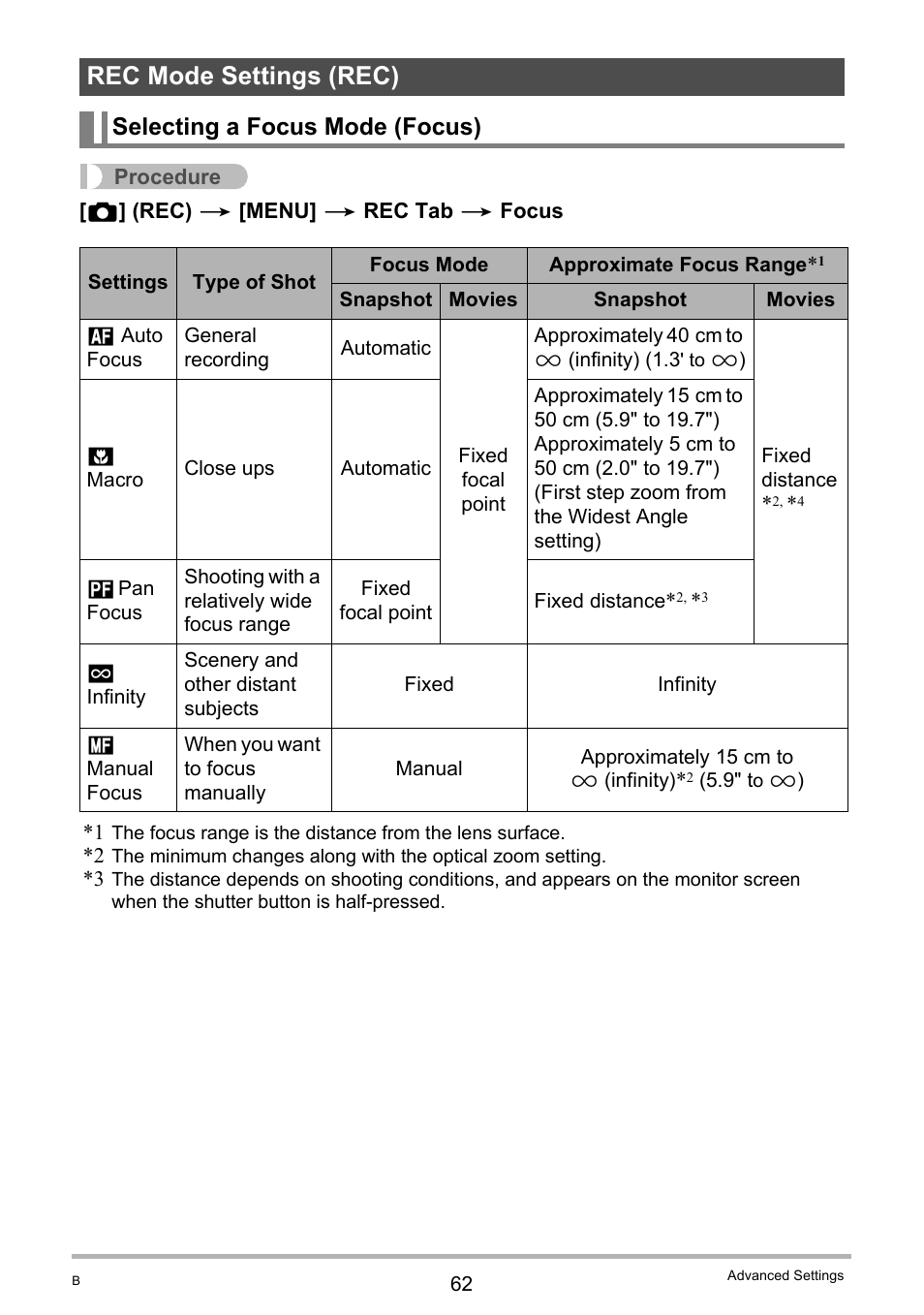 Rec mode settings (rec), Selecting a focus mode (focus) | Casio EXILIM K1124PCM2DMX User Manual | Page 62 / 169