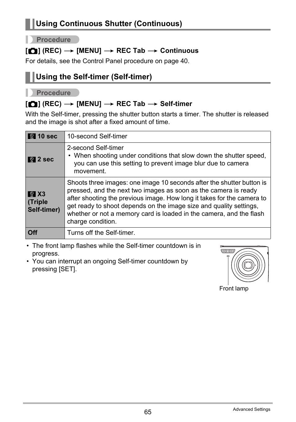 Using continuous shutter (continuous), Using the self-timer (self-timer) | Casio EXILIM K1124PCM2DMX User Manual | Page 65 / 169