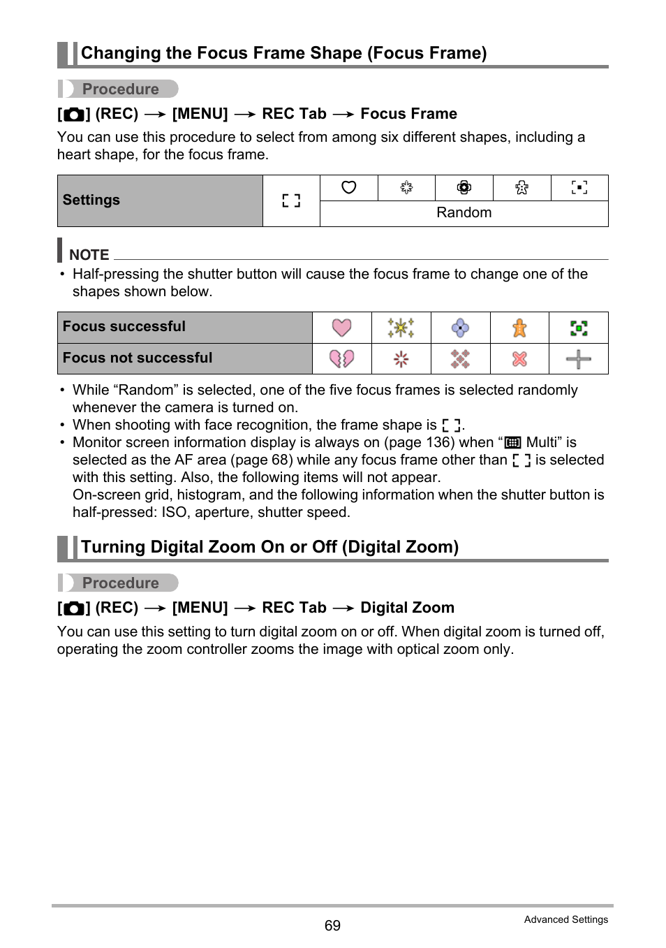Changing the focus frame shape (focus frame), Turning digital zoom on or off (digital zoom) | Casio EXILIM K1124PCM2DMX User Manual | Page 69 / 169