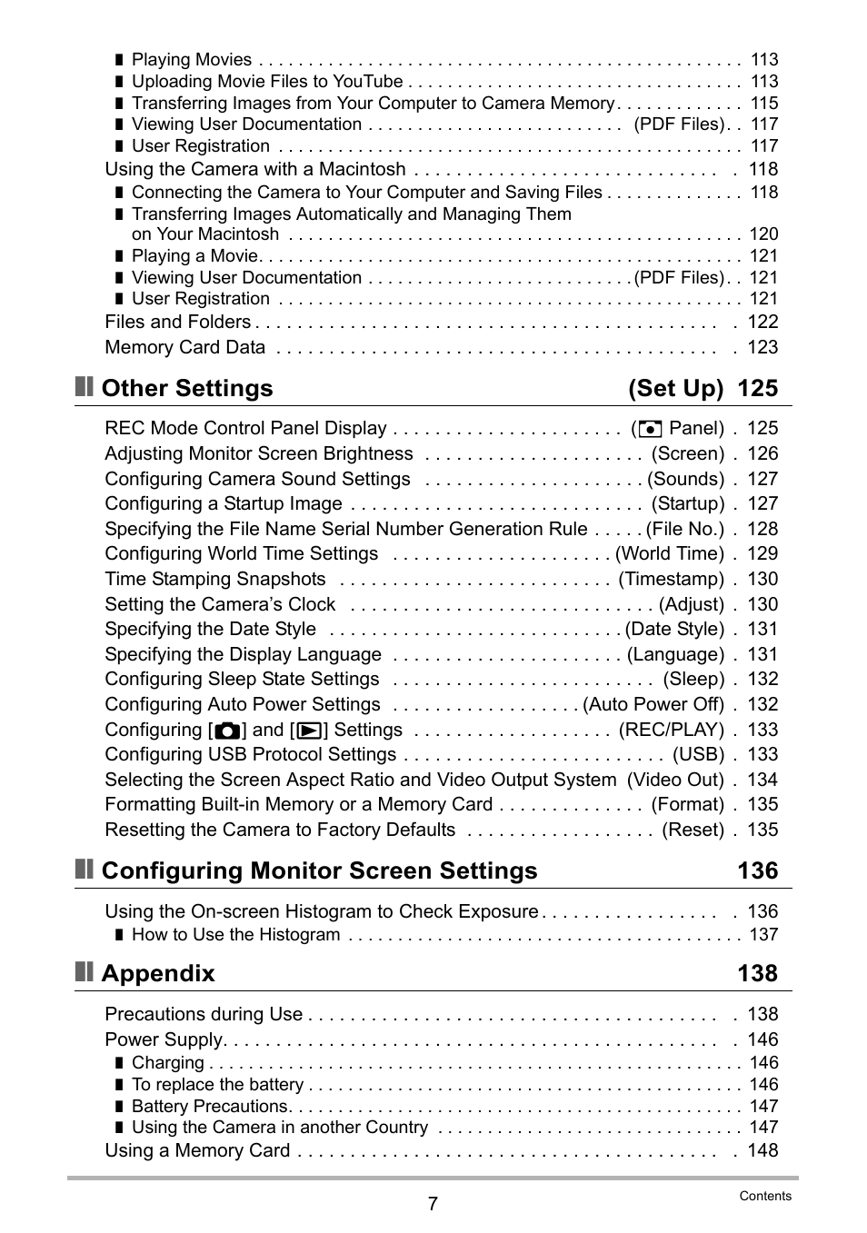 Other settings (set up) 125, Configuring monitor screen settings 136, Appendix 138 | Casio EXILIM K1124PCM2DMX User Manual | Page 7 / 169