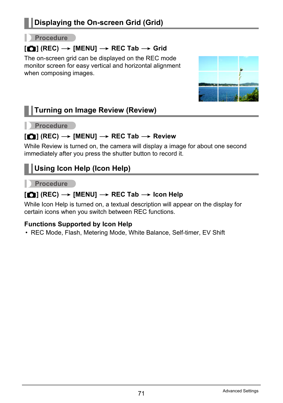 Displaying the on-screen grid (grid), Turning on image review (review), Using icon help (icon help) | Casio EXILIM K1124PCM2DMX User Manual | Page 71 / 169