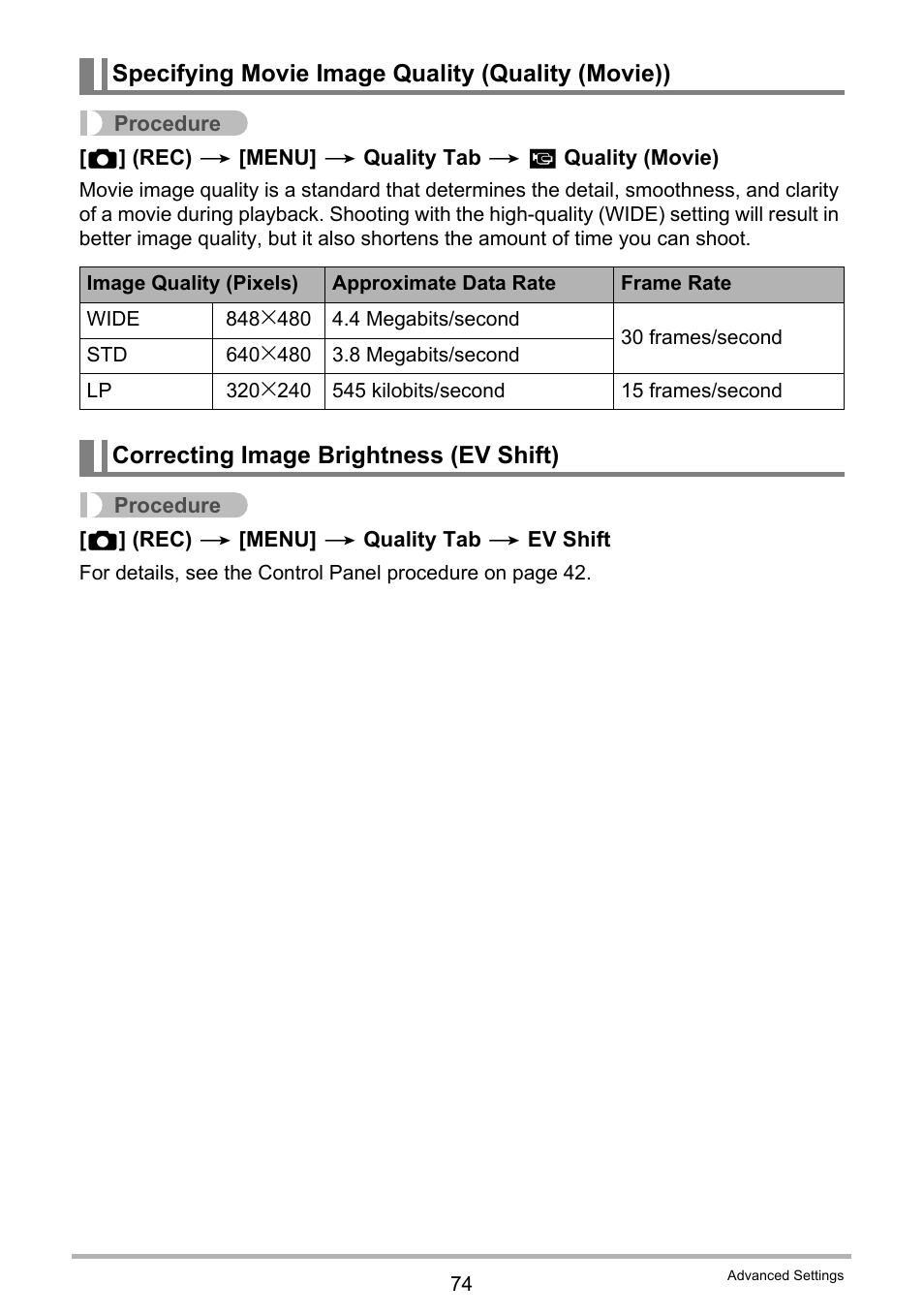 Specifying movie image quality (quality (movie)), Correcting image brightness (ev shift) | Casio EXILIM K1124PCM2DMX User Manual | Page 74 / 169