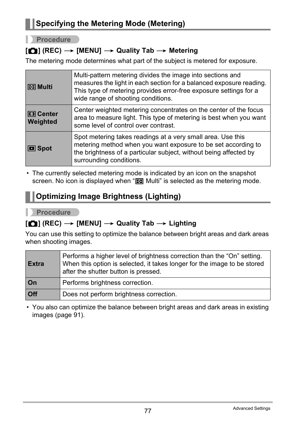 Specifying the metering mode (metering), Optimizing image brightness (lighting) | Casio EXILIM K1124PCM2DMX User Manual | Page 77 / 169