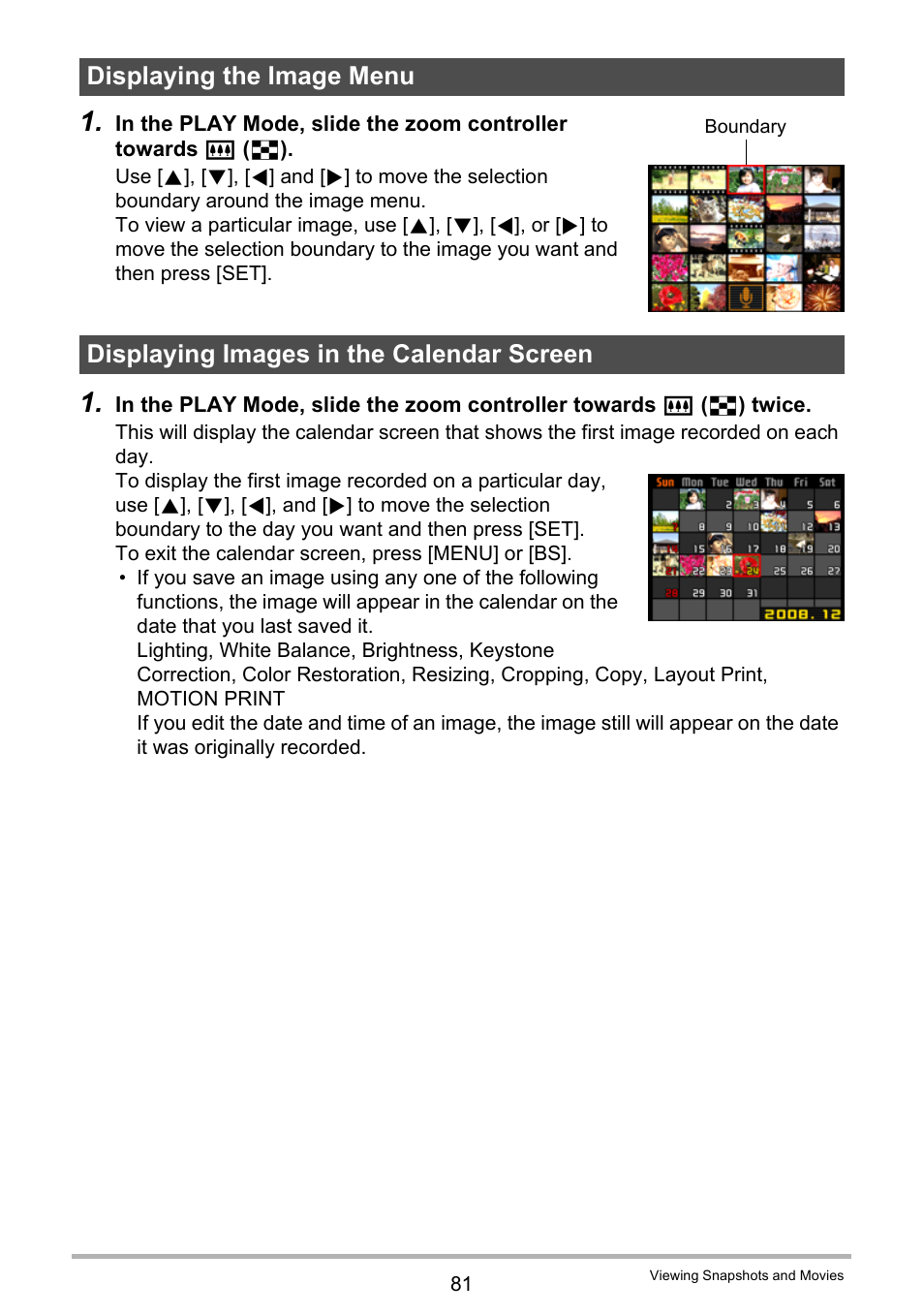 Displaying the image menu, Displaying images in the calendar screen | Casio EXILIM K1124PCM2DMX User Manual | Page 81 / 169