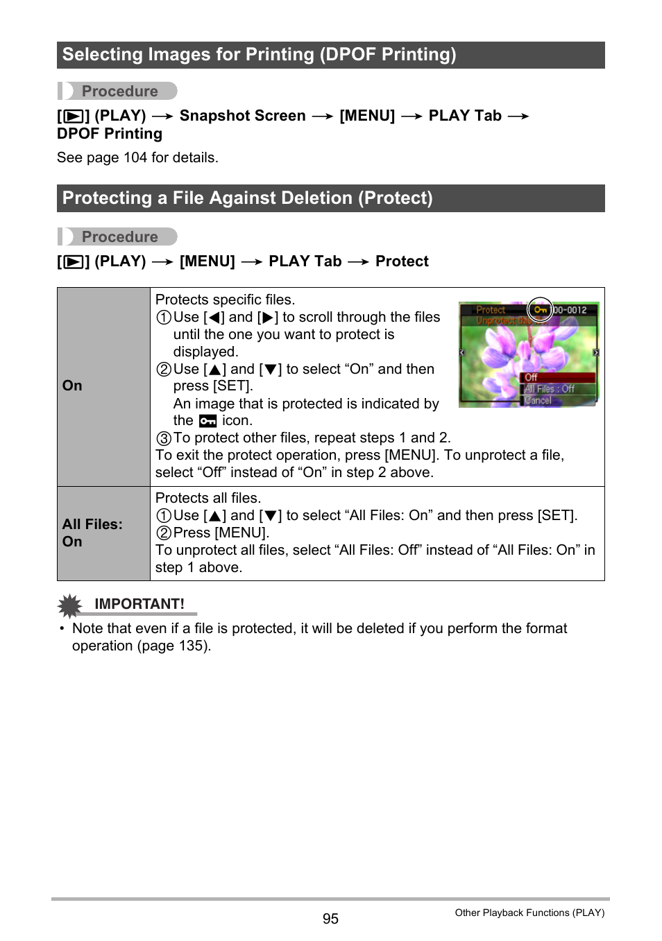 Selecting images for printing (dpof printing), Protecting a file against deletion (protect) | Casio EXILIM K1124PCM2DMX User Manual | Page 95 / 169