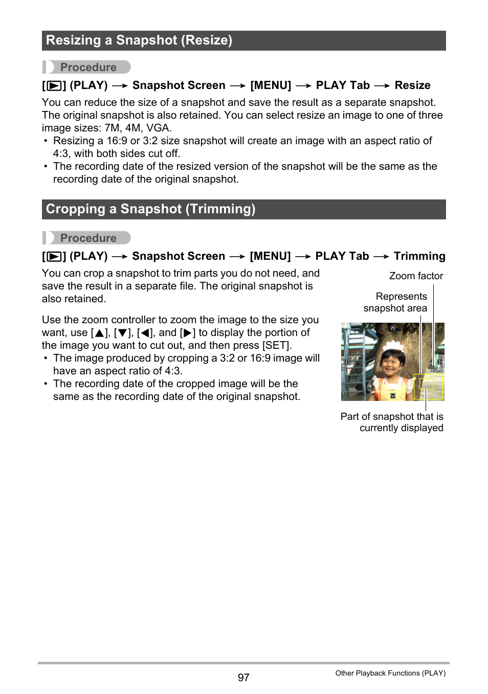 Resizing a snapshot (resize), Cropping a snapshot (trimming) | Casio EXILIM K1124PCM2DMX User Manual | Page 97 / 169