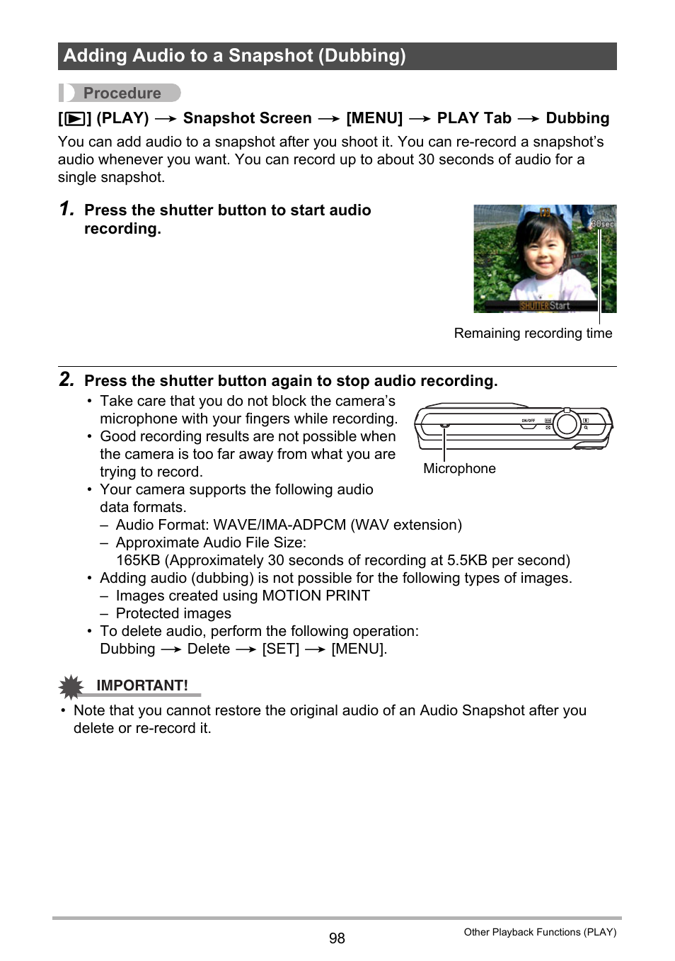 Adding audio to a snapshot (dubbing) | Casio EXILIM K1124PCM2DMX User Manual | Page 98 / 169