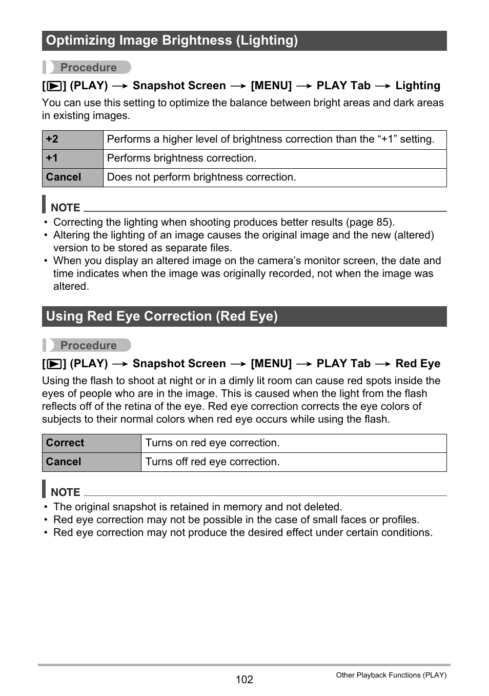 Optimizing image brightness (lighting), Using red eye correction (red eye) | Casio Exilim EX-Z330 User Manual | Page 102 / 194