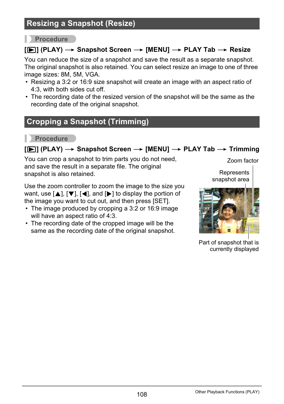 Resizing a snapshot (resize), Cropping a snapshot (trimming) | Casio Exilim EX-Z330 User Manual | Page 108 / 194