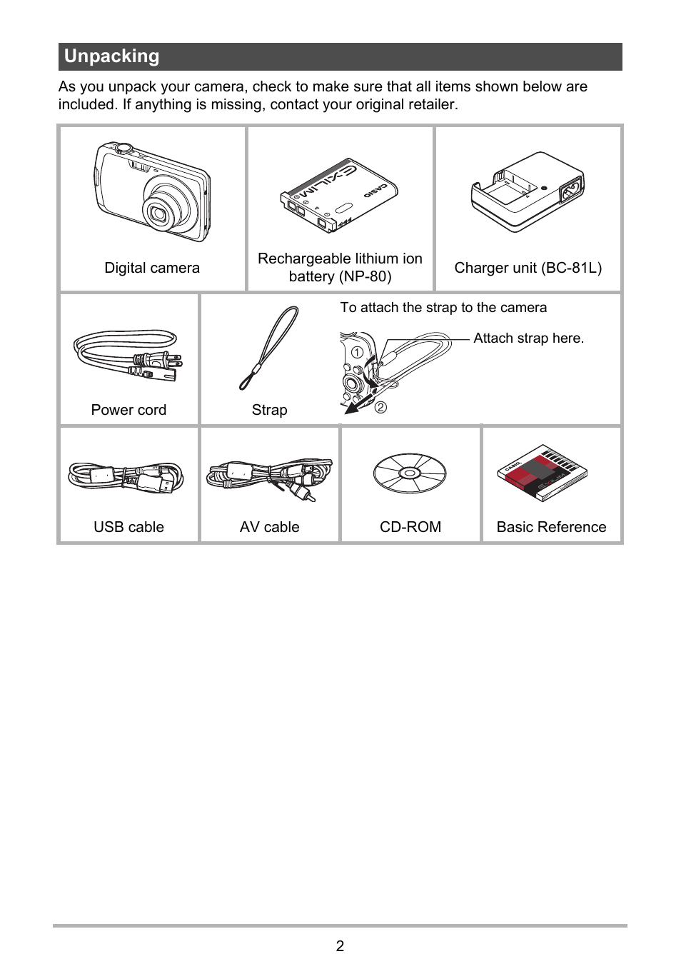 Unpacking | Casio Exilim EX-Z330 User Manual | Page 2 / 194