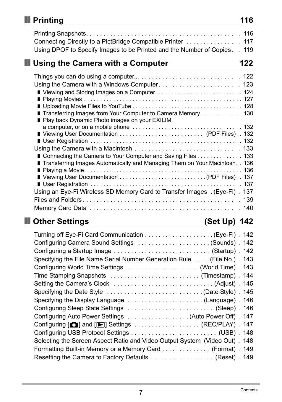 Printing 116, Using the camera with a computer 122, Other settings (set up) 142 | Casio Exilim EX-Z330 User Manual | Page 7 / 194