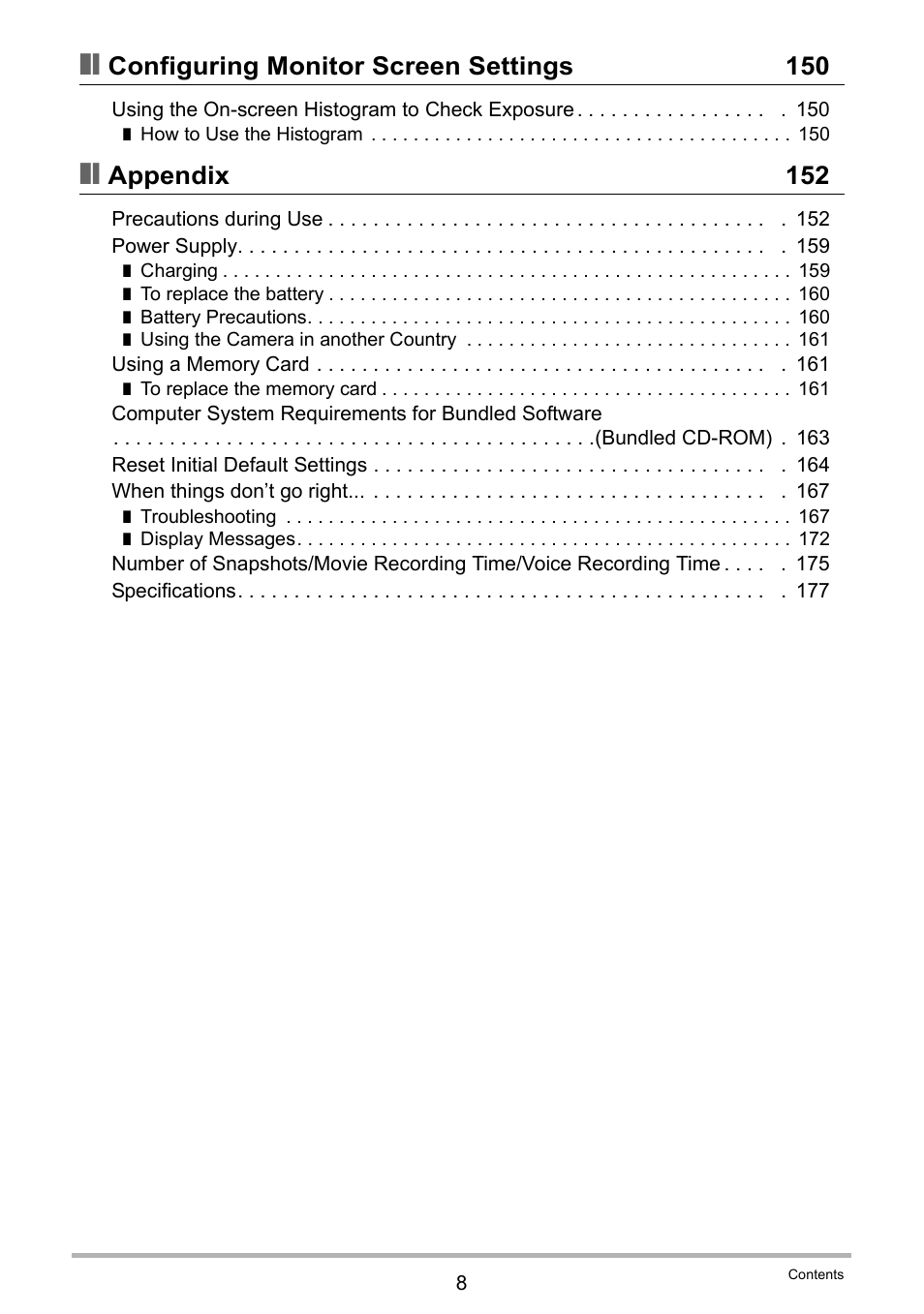 Configuring monitor screen settings 150, Appendix 152 | Casio Exilim EX-Z330 User Manual | Page 8 / 194