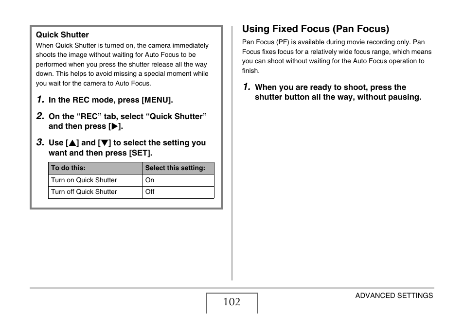 Using fixed focus (pan focus), E 102) | Casio YC-430 PJ User Manual | Page 102 / 248