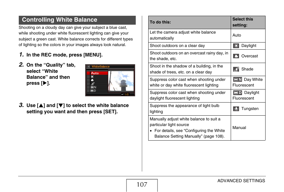 Controlling white balance, E 107) | Casio YC-430 PJ User Manual | Page 107 / 248