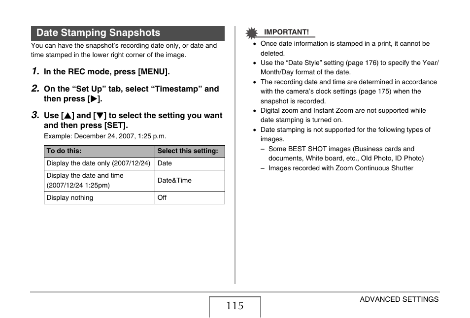 Date stamping snapshots, E 115) | Casio YC-430 PJ User Manual | Page 115 / 248