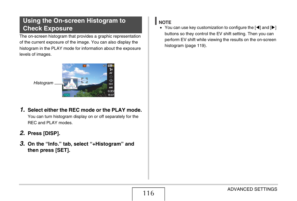 Using the on-screen histogram to check exposure | Casio YC-430 PJ User Manual | Page 116 / 248